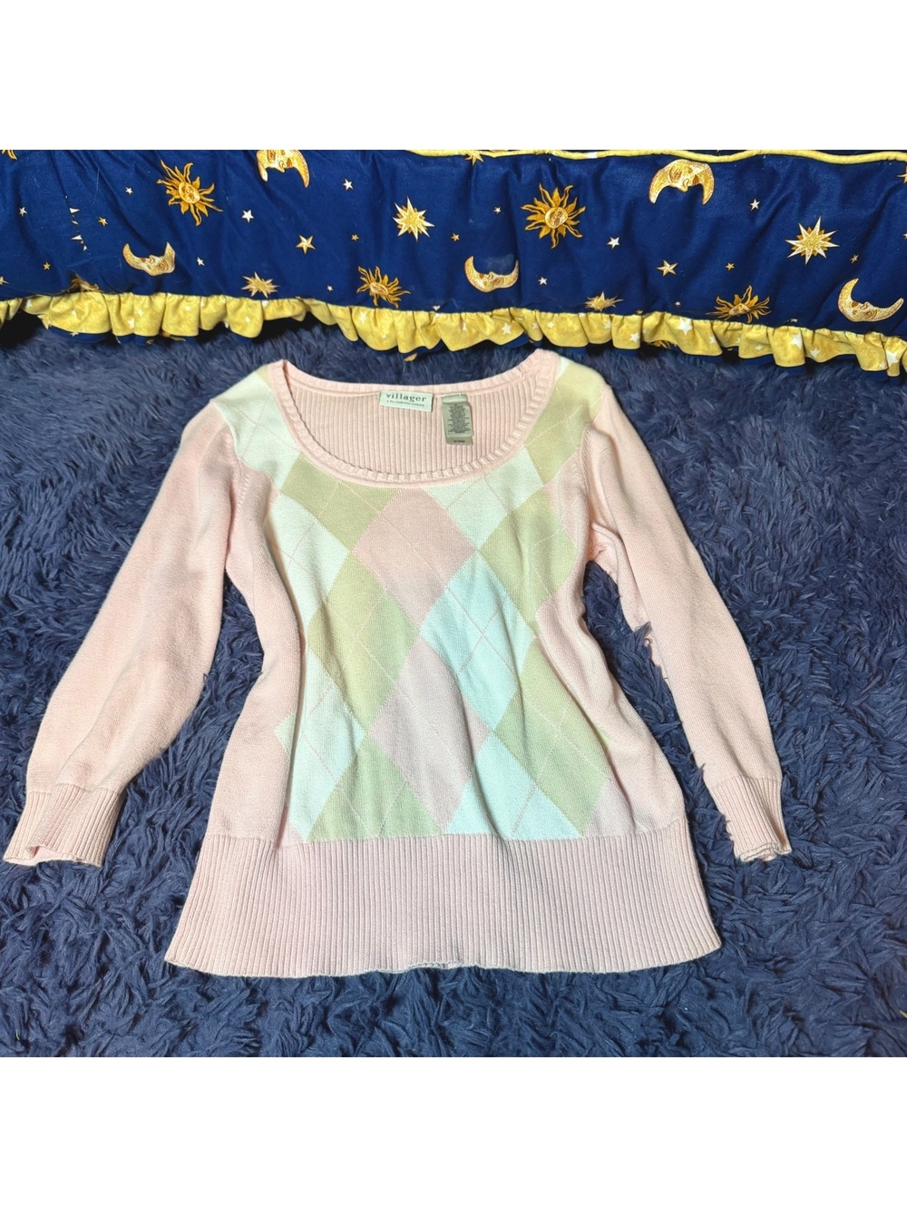 Preppy Pink Argyle Mid Sleeve Sweater